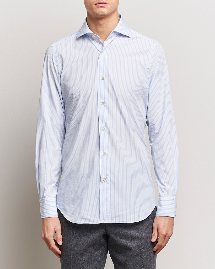 Men | Shirts | Finamore Napoli | Milano Slim Washed Dress Shirt Blue Stripe