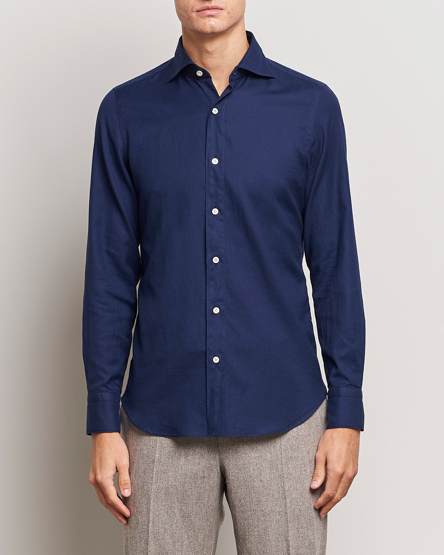 Men | Flannel Shirts | Finamore Napoli | Tokyo Slim Flannel Shirt Navy