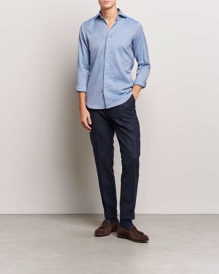 Men | Shirts | Finamore Napoli | Tokyo Slim Flannel Shirt Light Blue
