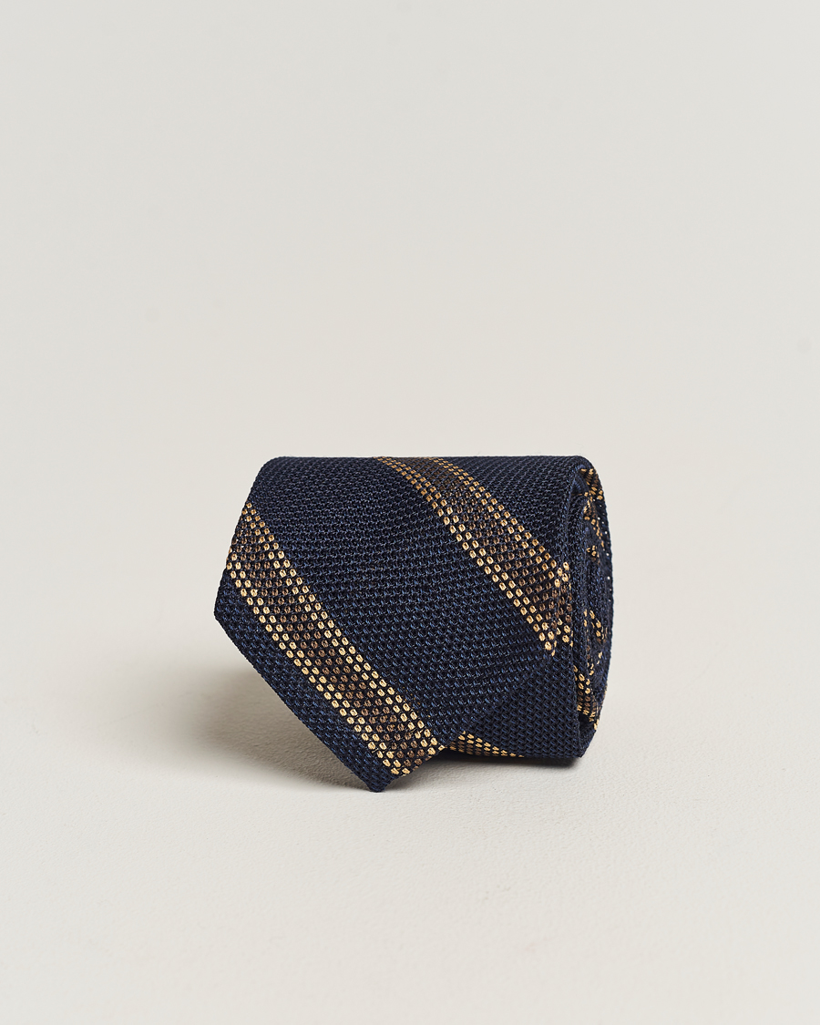 Men | Finamore Napoli Regimental Grenadine Silk Tie Navy/Brown | Finamore Napoli | Regimental Grenadine Silk Tie Navy/Brown