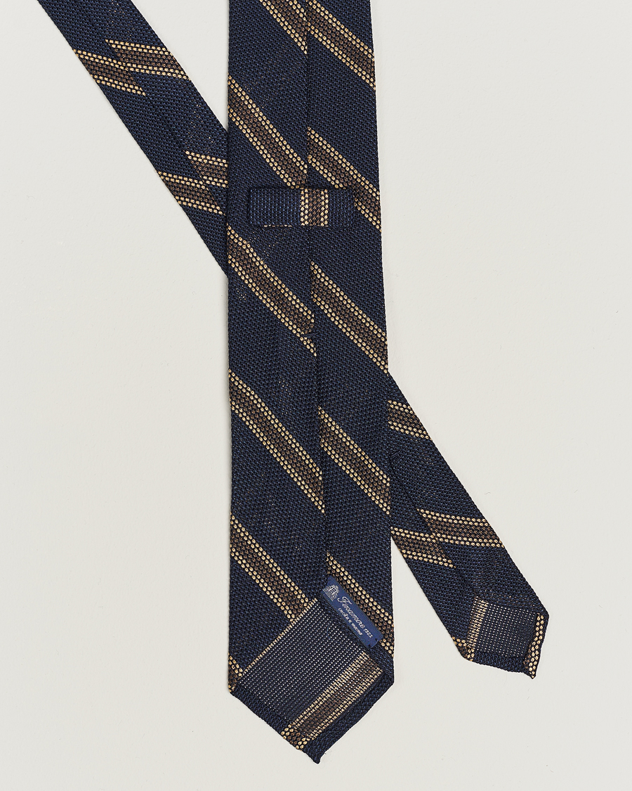 Men | Finamore Napoli Regimental Grenadine Silk Tie Navy/Brown | Finamore Napoli | Regimental Grenadine Silk Tie Navy/Brown