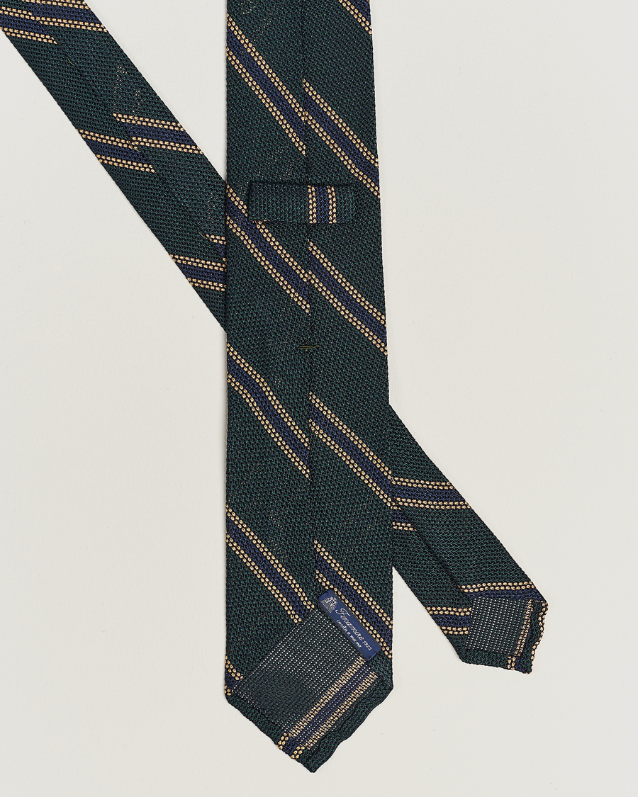 Men | Finamore Napoli Regimental Grenadine Silk Tie Green/Navy | Finamore Napoli | Regimental Grenadine Silk Tie Green/Navy