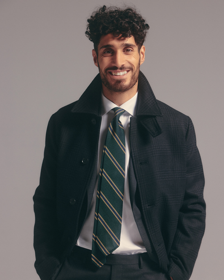 Men | Finamore Napoli Regimental Grenadine Silk Tie Green/Navy | Finamore Napoli | Regimental Grenadine Silk Tie Green/Navy