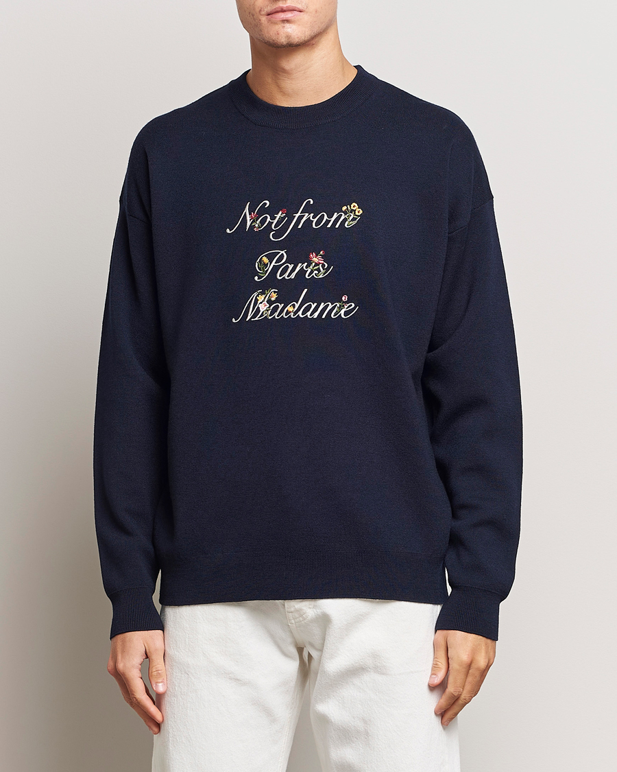 Men | Sweaters & Knitwear | Drôle de Monsieur | Flower Slogan Sweater Navy
