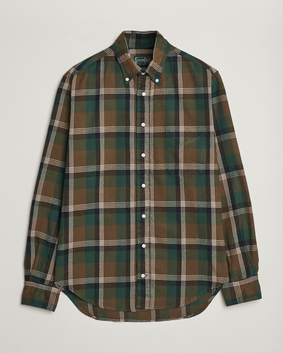 Men | Flannel Shirts | Gitman Vintage | Button Down Shaggy Flannel Shirt Olive Check