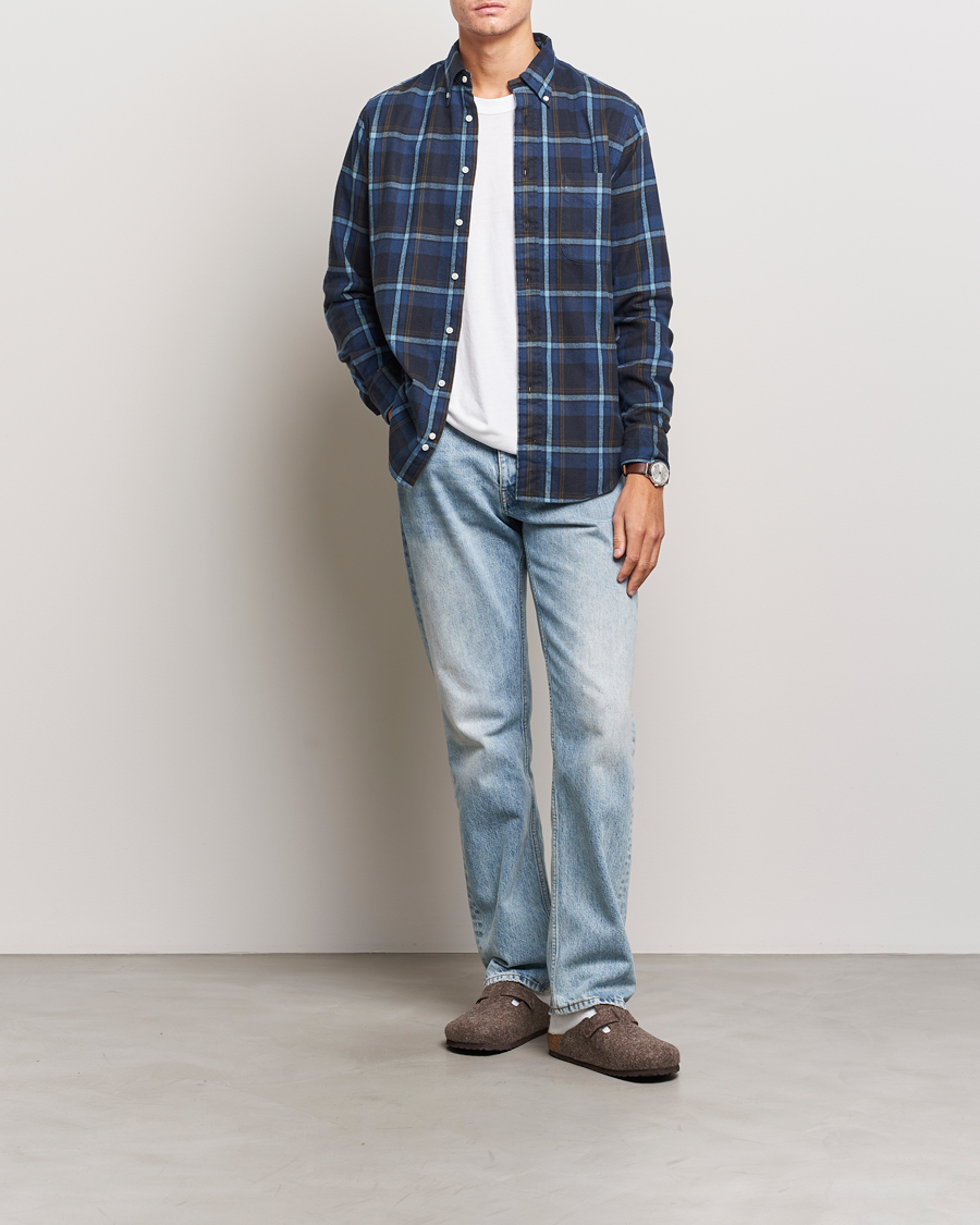 Men | Shirts | Gitman Vintage | Button Down Shaggy Flannel Shirt Navy Check