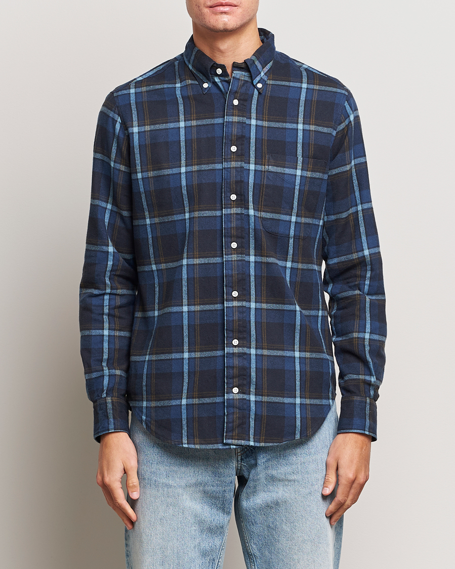 Men | Shirts | Gitman Vintage | Button Down Shaggy Flannel Shirt Navy Check
