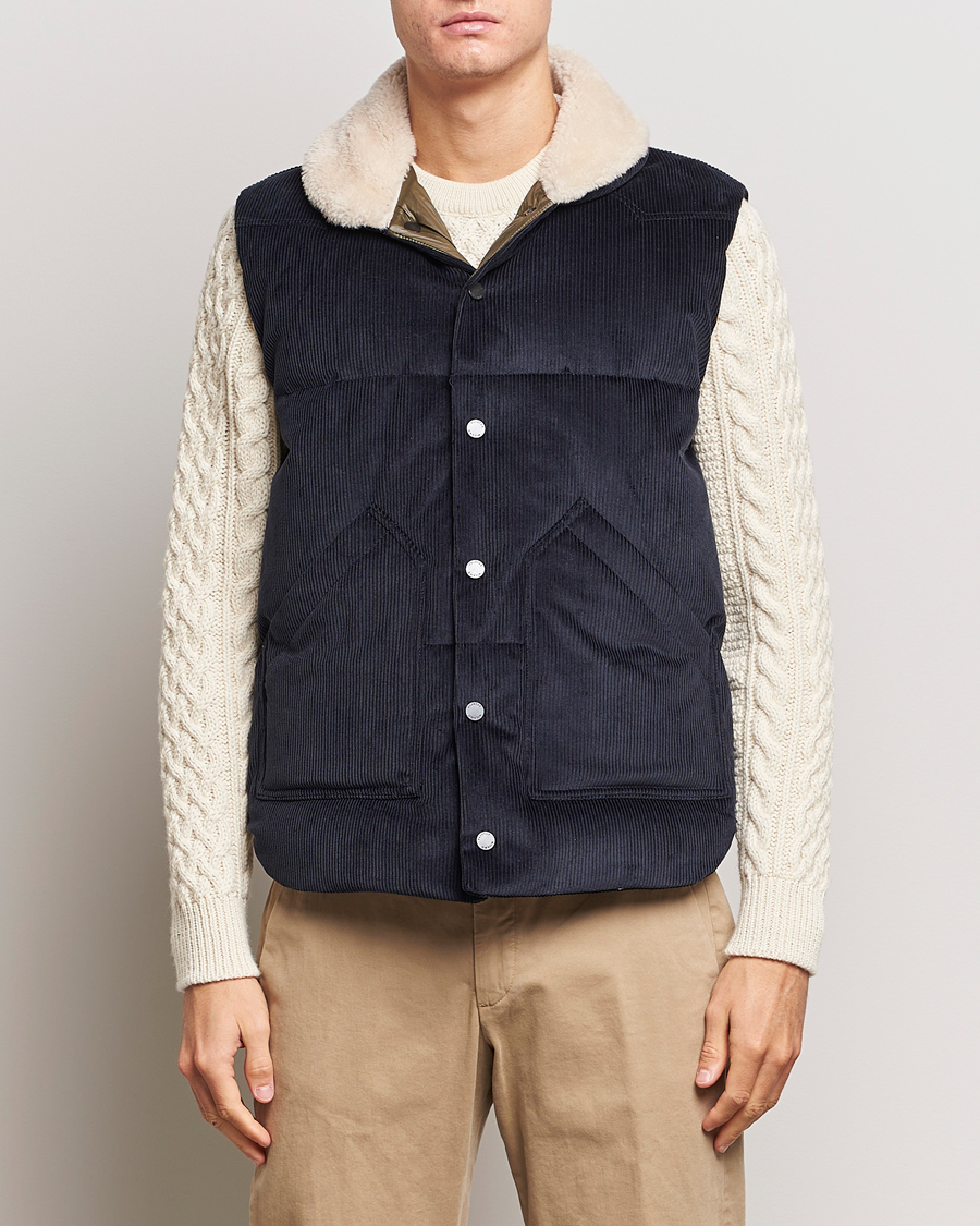 Men | Coats & Jackets | Valstar | Corduroy Shearling Collar Down Vest Navy
