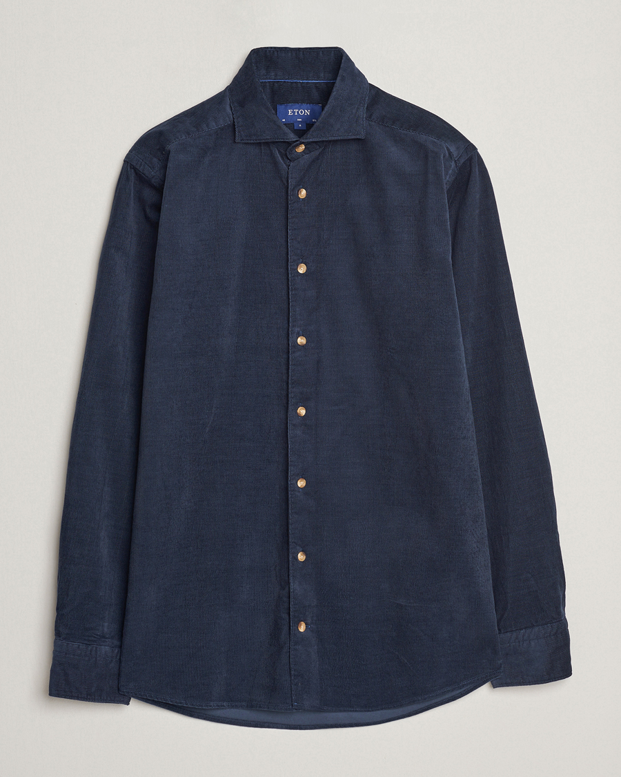 Men | Corduroy Shirts | Eton | Slim Fit Fine Wale Corduroy Shirt Navy Blue