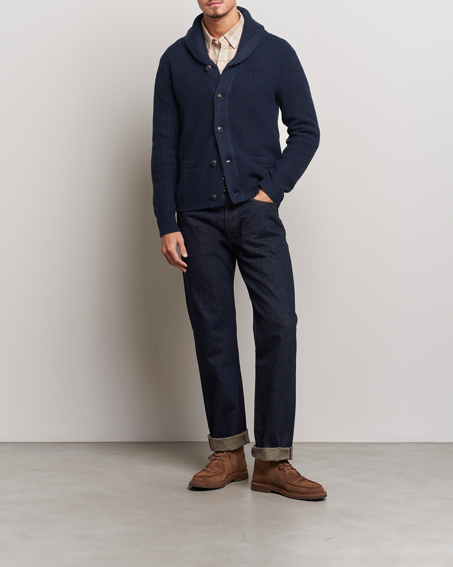 Men | Sweaters & Knitwear | RRL | Recycled Cashmere Shawl Cardigan Navy Heather
