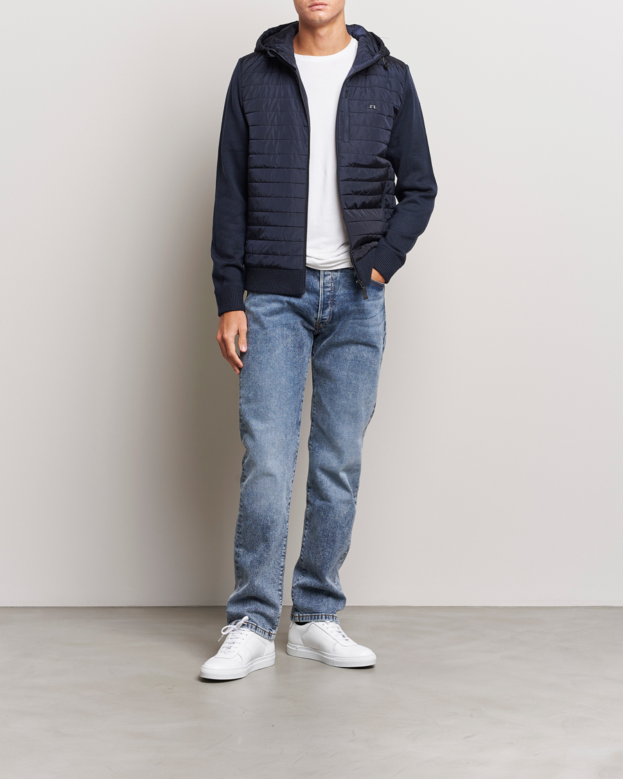 Men | Sweaters & Knitwear | J.Lindeberg | Pierre Knitted Hybrid Full Zip Hood Navy