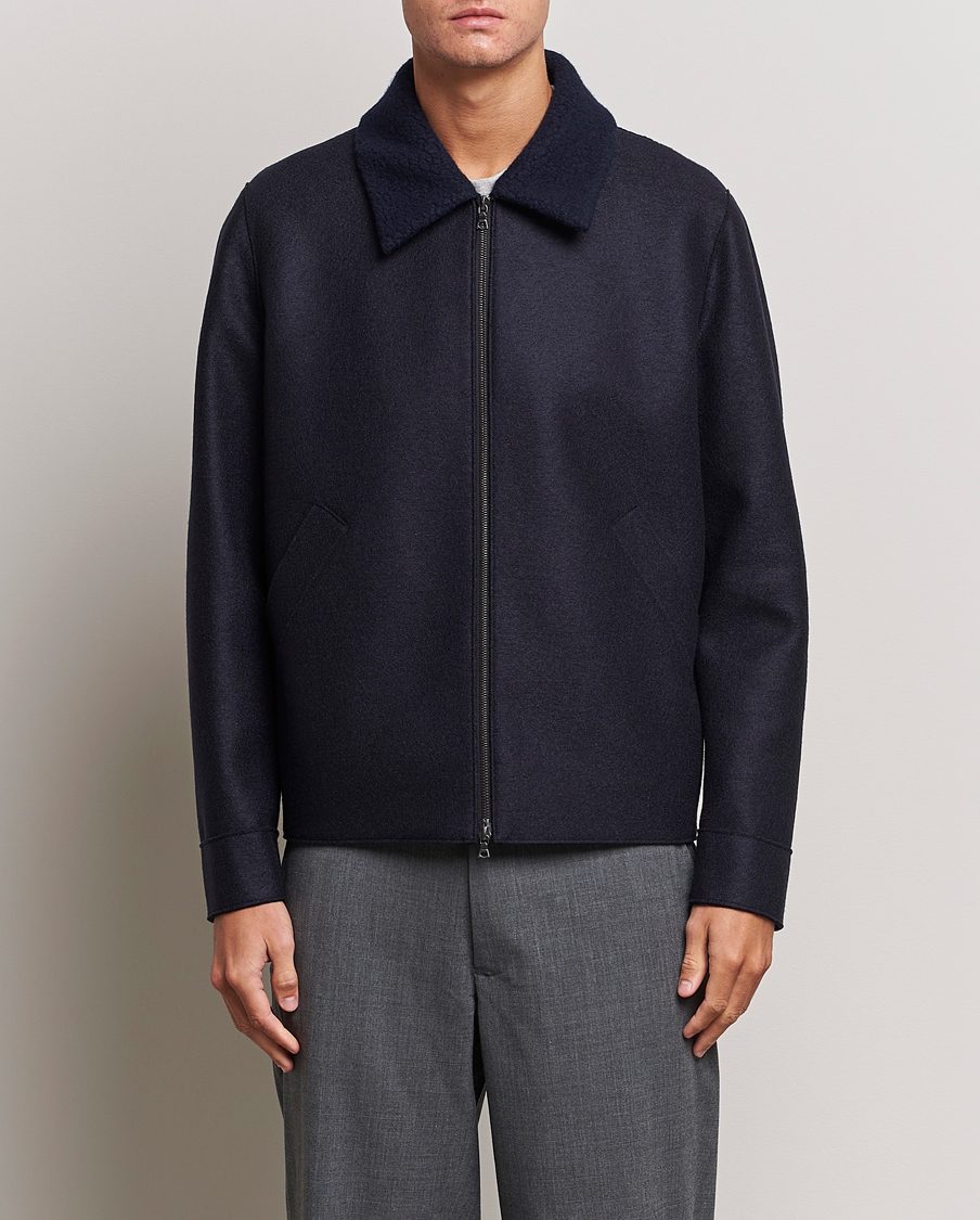 Harris Wharf London Pressed Wool Boucle Golf Jacket Navy at