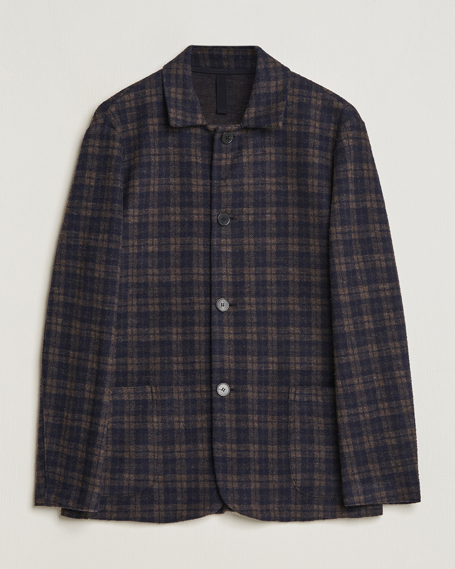 Men | Wool Blazers | Harris Wharf London | Dropped Shoulder Checked Jacket Navy/Brown