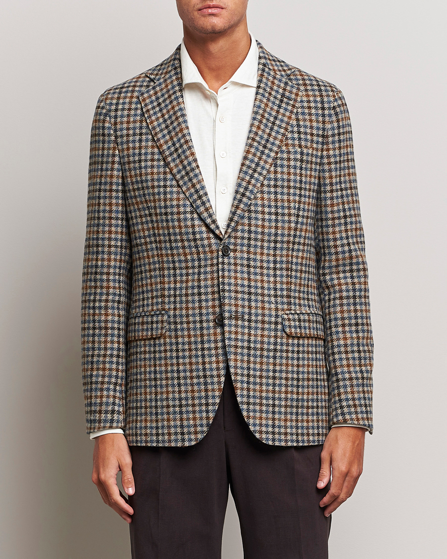 Men | Blazers | Oscar Jacobson | Fogerty Soft Small Checked Wool Blazer Blue/Brown