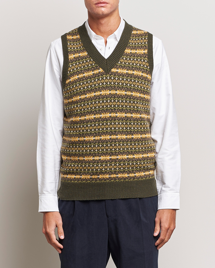 Men | Pullovers | Oscar Jacobson | Lucas Fairisle Wool/Cashmere Vest Green
