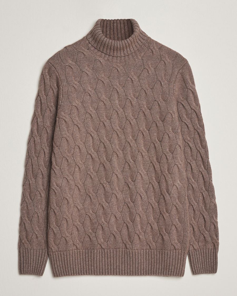 Men | Sweaters & Knitwear | Oscar Jacobson | Seth Heavy Knitted Wool/Cashmere Cable Rollneck Brown