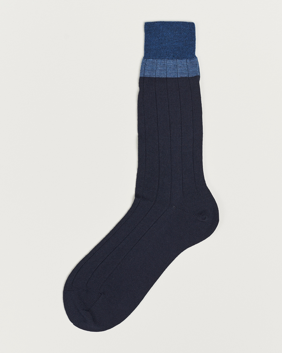Men |  | Bresciani | Wide Ribbed Block Stripe Wool Socks Navy