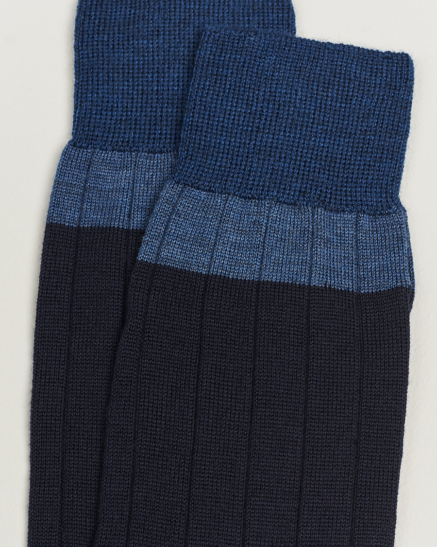 Men | Bresciani | Bresciani | Wide Ribbed Block Stripe Wool Socks Navy