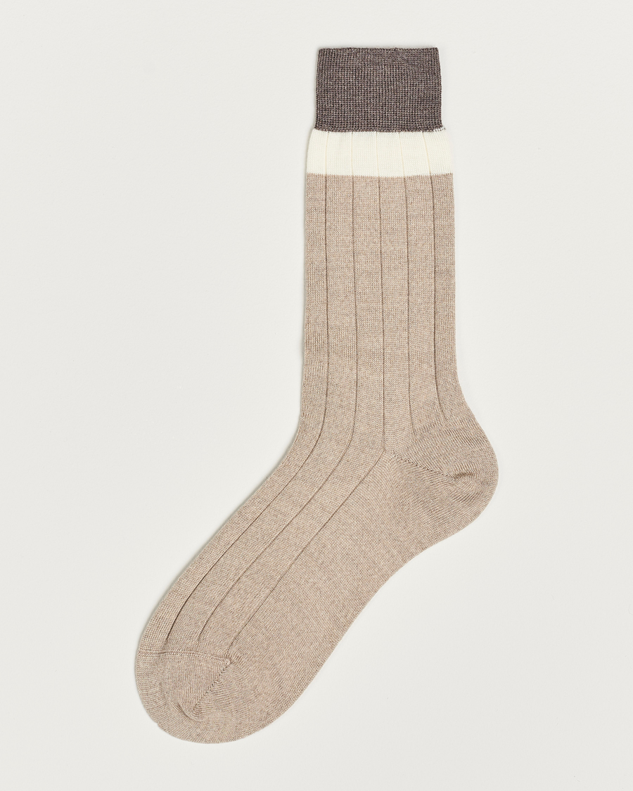 Men | Underwear & Socks | Bresciani | Wide Ribbed Block Stripe Wool Socks Biege