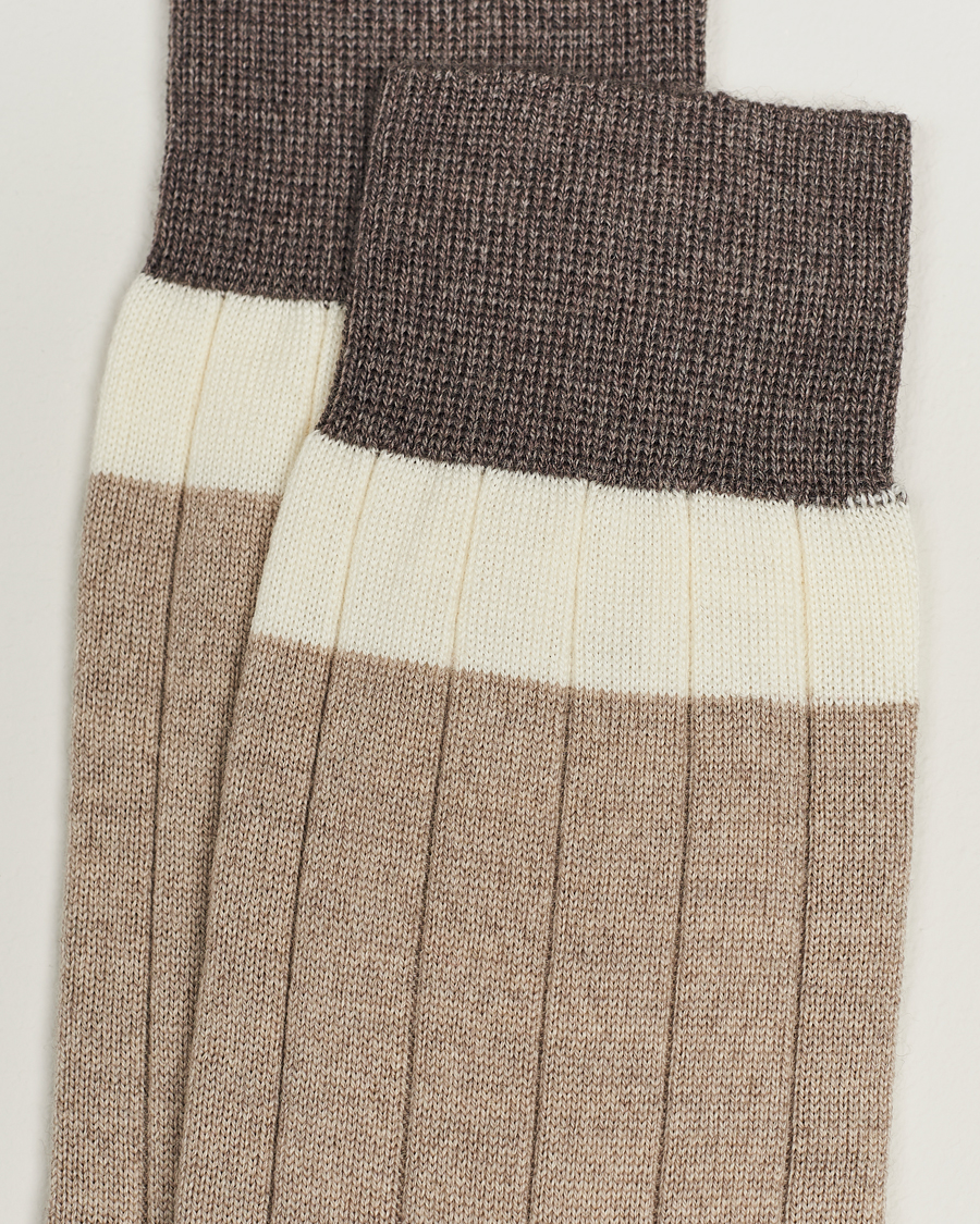 Men | Bresciani | Bresciani | Wide Ribbed Block Stripe Wool Socks Biege