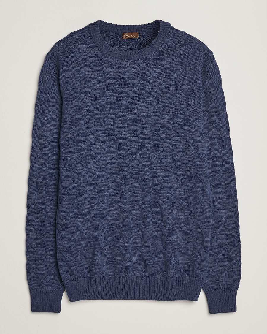 Men | Sweaters & Knitwear | Stenströms | Heavy Cable Merino Crew Neck Blue