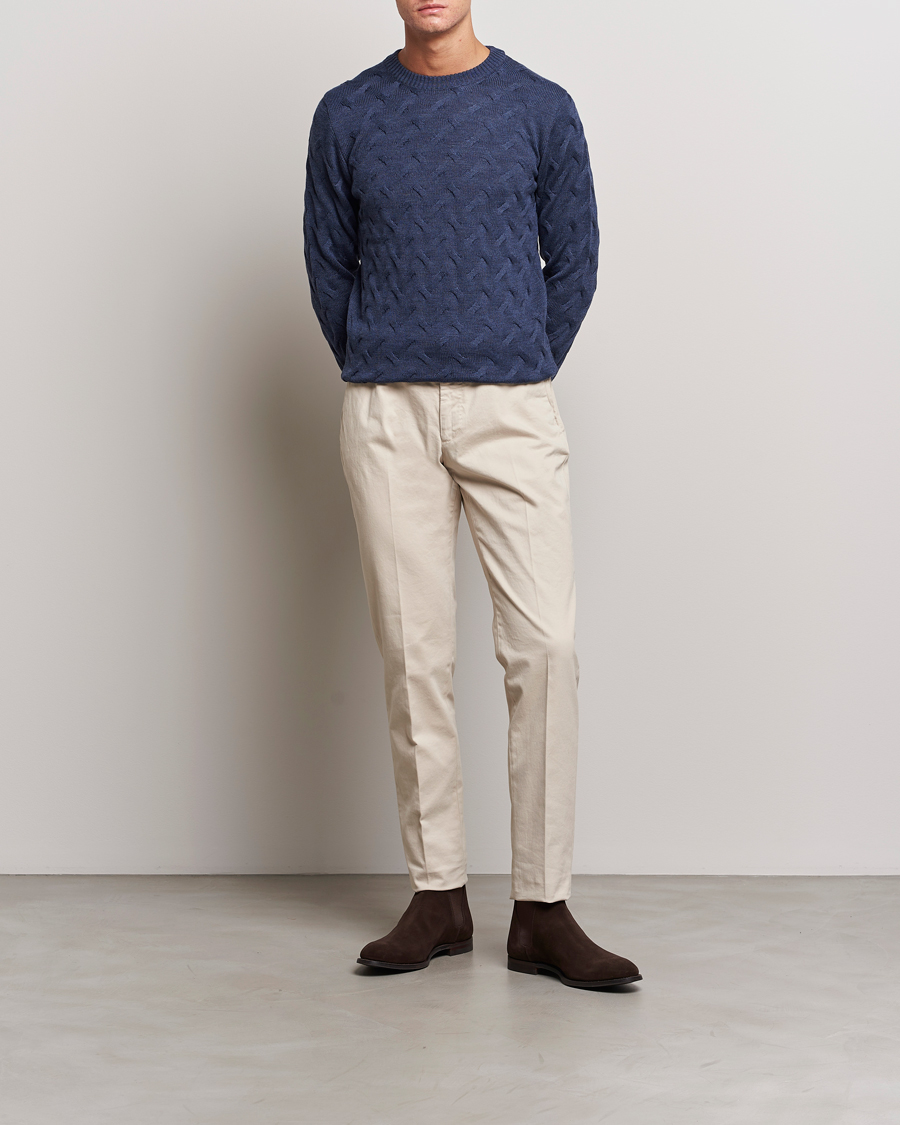 Men | Sweaters & Knitwear | Stenströms | Heavy Cable Merino Crew Neck Blue