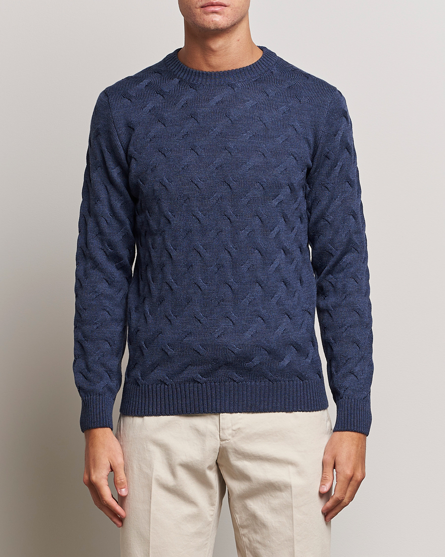 Men | Sweaters & Knitwear | Stenströms | Heavy Cable Merino Crew Neck Blue