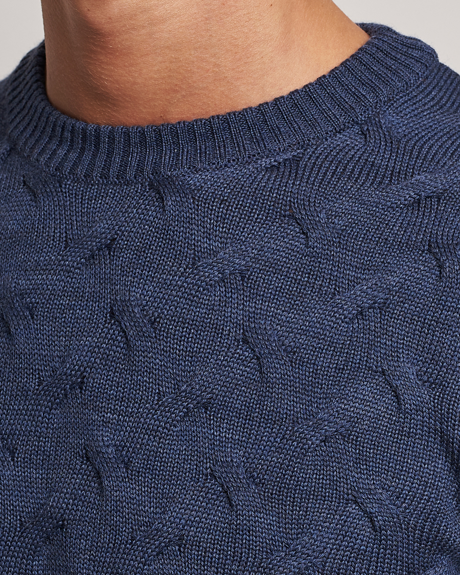 Men | Sweaters & Knitwear | Stenströms | Heavy Cable Merino Crew Neck Blue