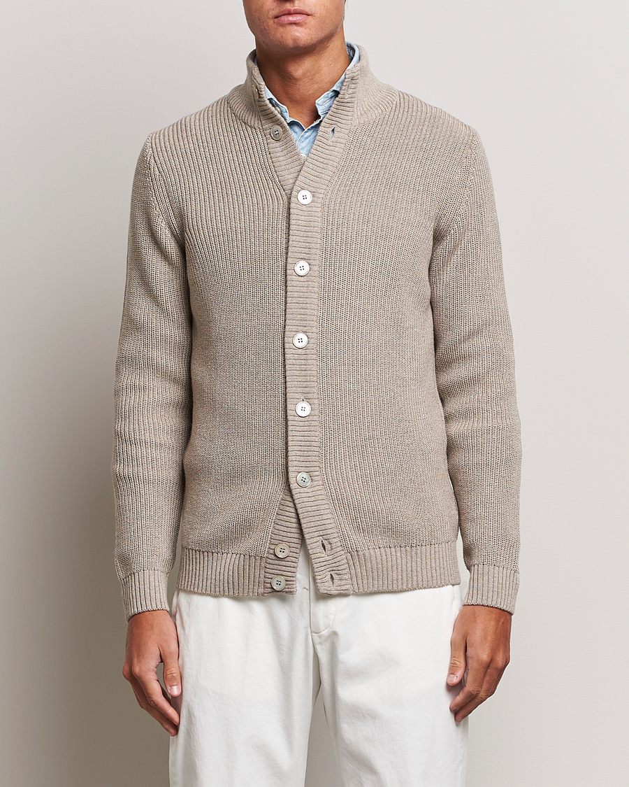 Men | Sweaters & Knitwear | Stenströms | Half Card Heavy Merino Cardigan Beige