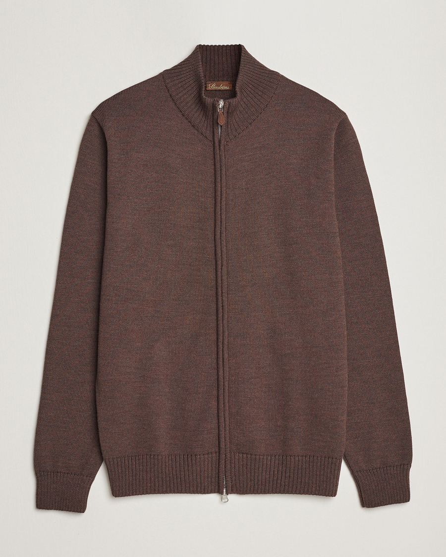 Men | Sweaters & Knitwear | Stenströms | Chunky Merino Full Zip Cardigan Brown