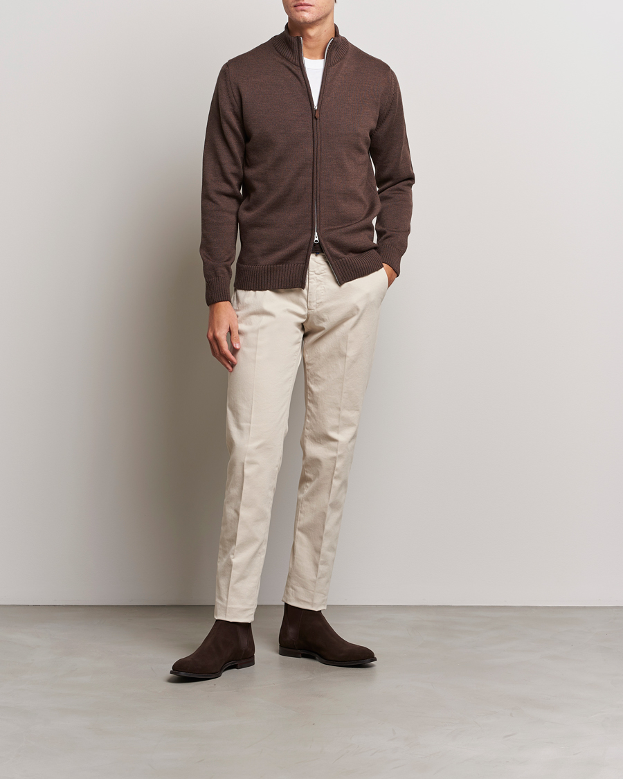 Men | Sweaters & Knitwear | Stenströms | Chunky Merino Full Zip Cardigan Brown