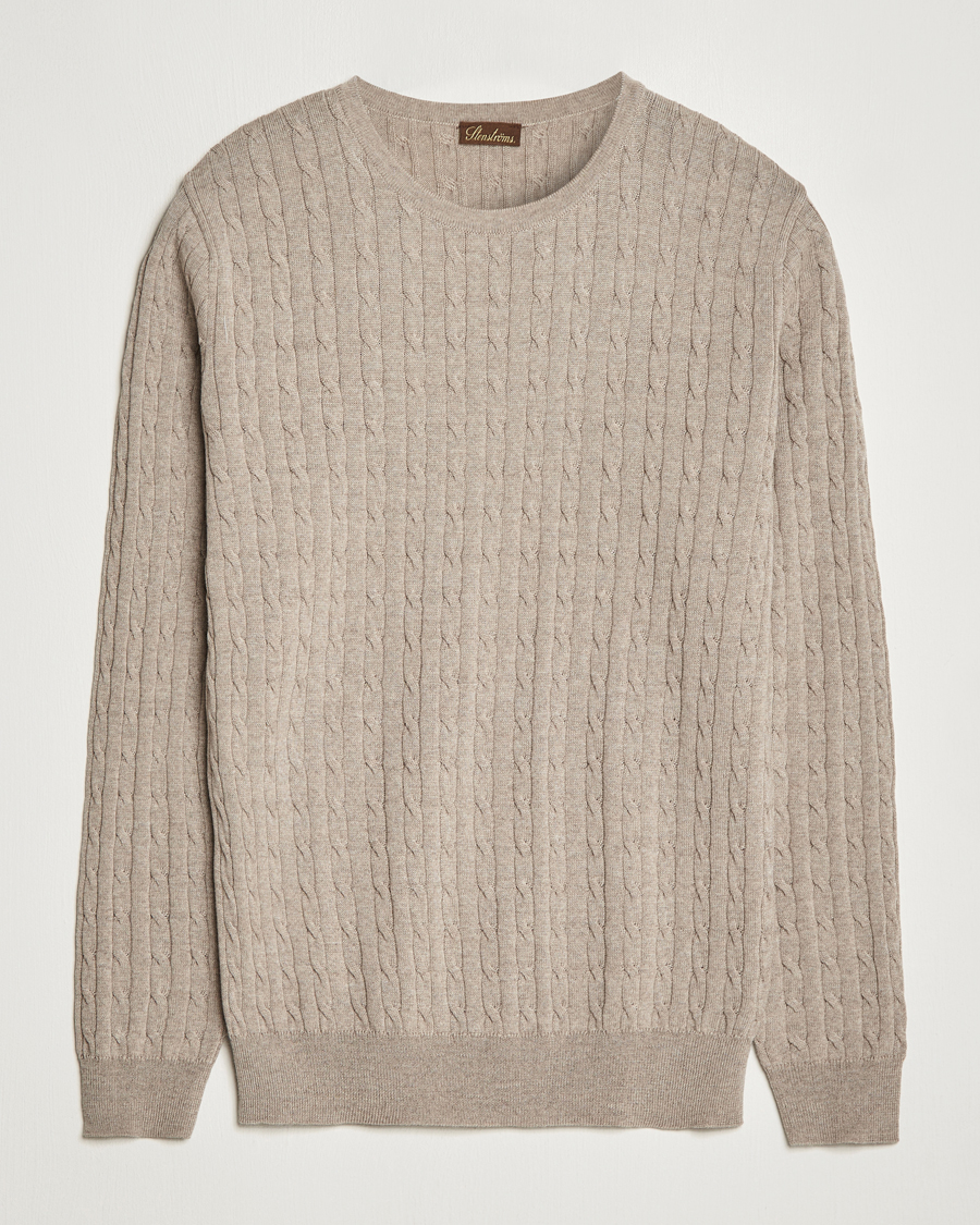 Men | Sweaters & Knitwear | Stenströms | Merino Cable Crew Neck Beige