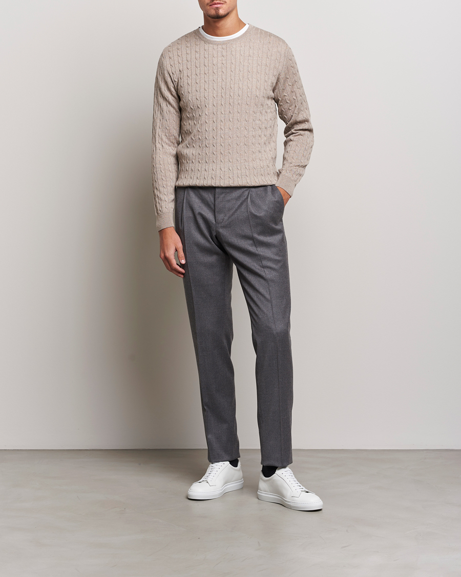 Men | Sweaters & Knitwear | Stenströms | Merino Cable Crew Neck Beige