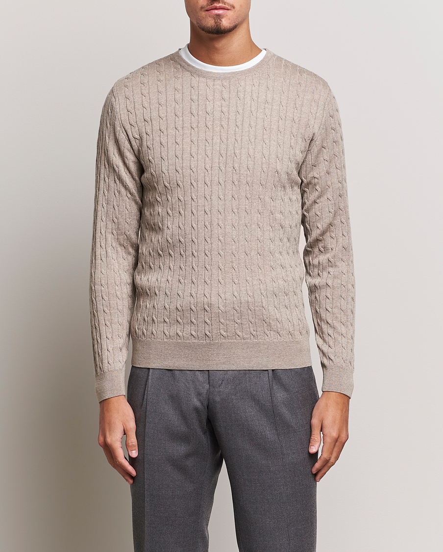 Men | Sweaters & Knitwear | Stenströms | Merino Cable Crew Neck Beige