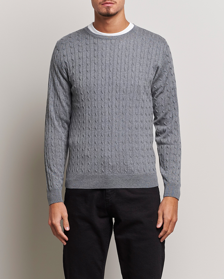 Men | Sweaters & Knitwear | Stenströms | Merino Cable Crew Neck Grey