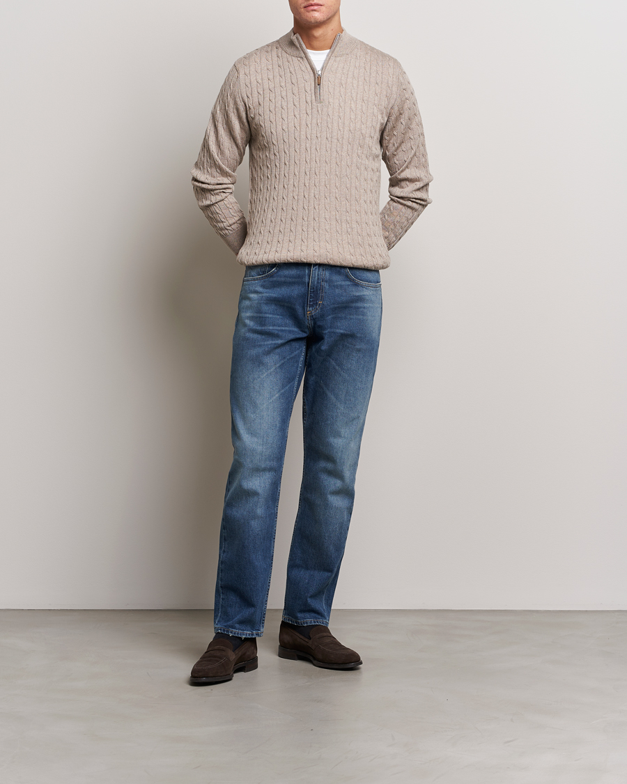 Men | Sweaters & Knitwear | Stenströms | Merino Cable Half Zip Beige