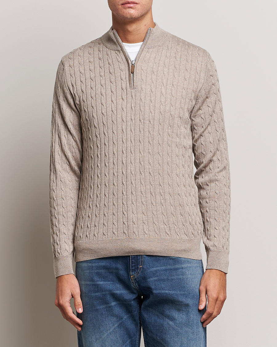 Men | Sweaters & Knitwear | Stenströms | Merino Cable Half Zip Beige