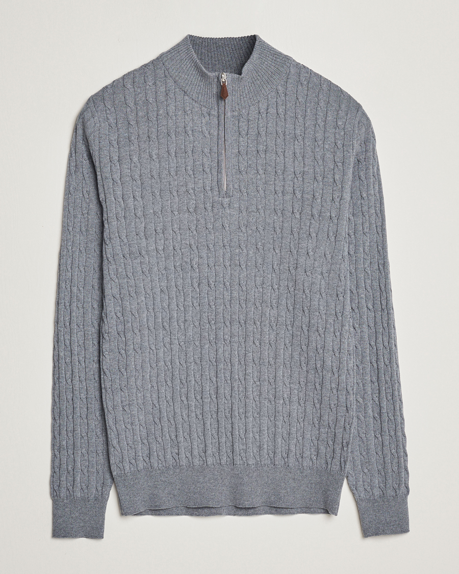 Men | Sweaters & Knitwear | Stenströms | Merino Cable Half Zip Grey