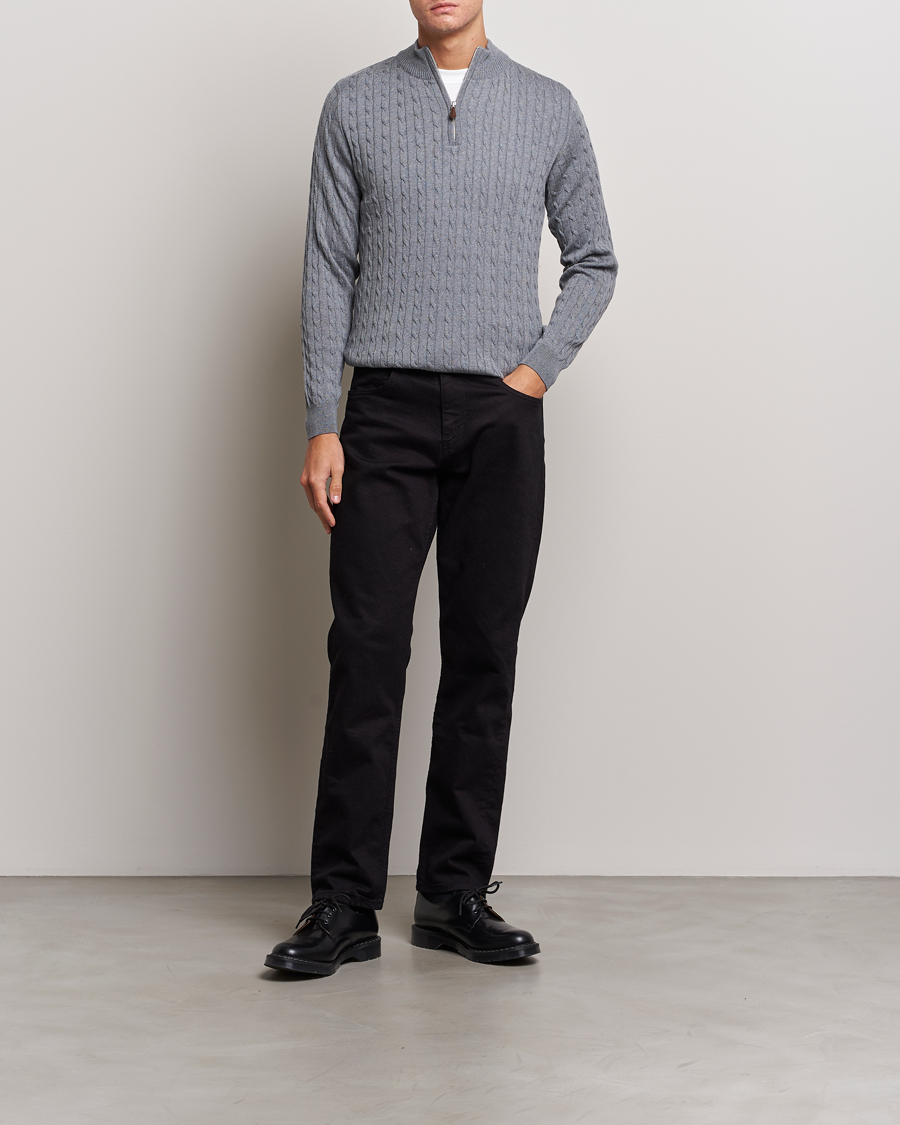 Men | Sweaters & Knitwear | Stenströms | Merino Cable Half Zip Grey
