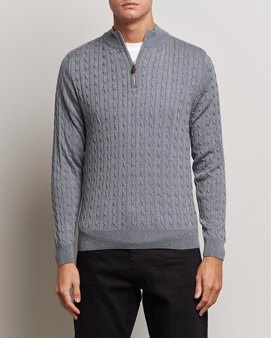 Men | Sweaters & Knitwear | Stenströms | Merino Cable Half Zip Grey