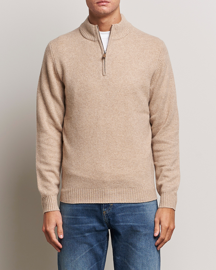 Men | Sweaters & Knitwear | Stenströms | Patterned Yak Merino Half-Zip Beige