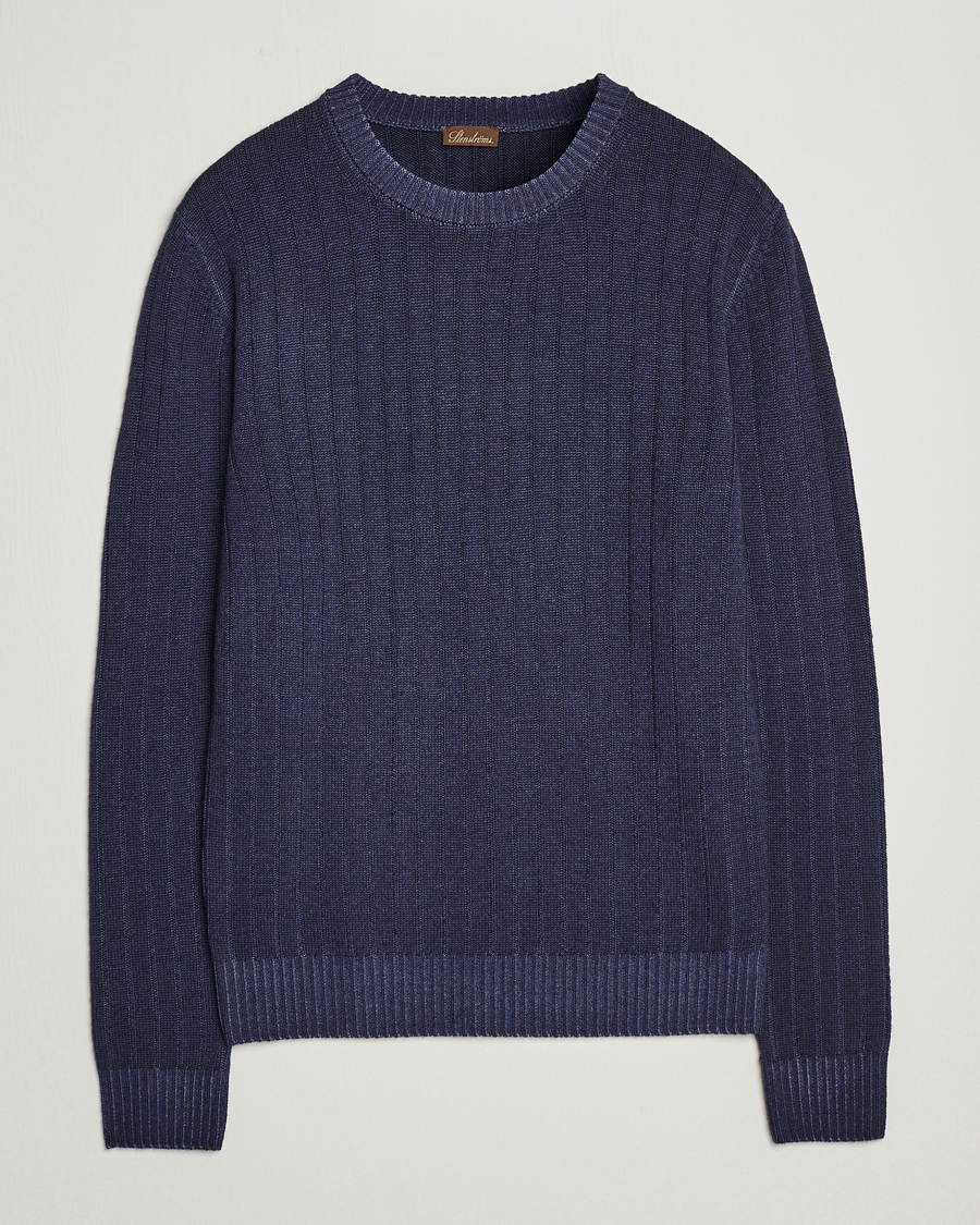 Men | Sweaters & Knitwear | Stenströms | Garment Dyed Ribbed Merino Wool Crewneck Blue