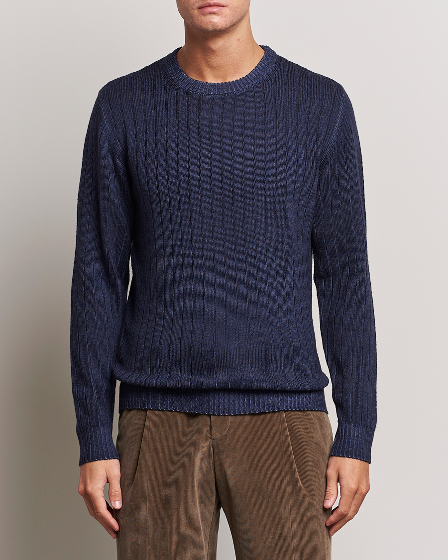 Men | Sweaters & Knitwear | Stenströms | Garment Dyed Ribbed Merino Wool Crewneck Blue