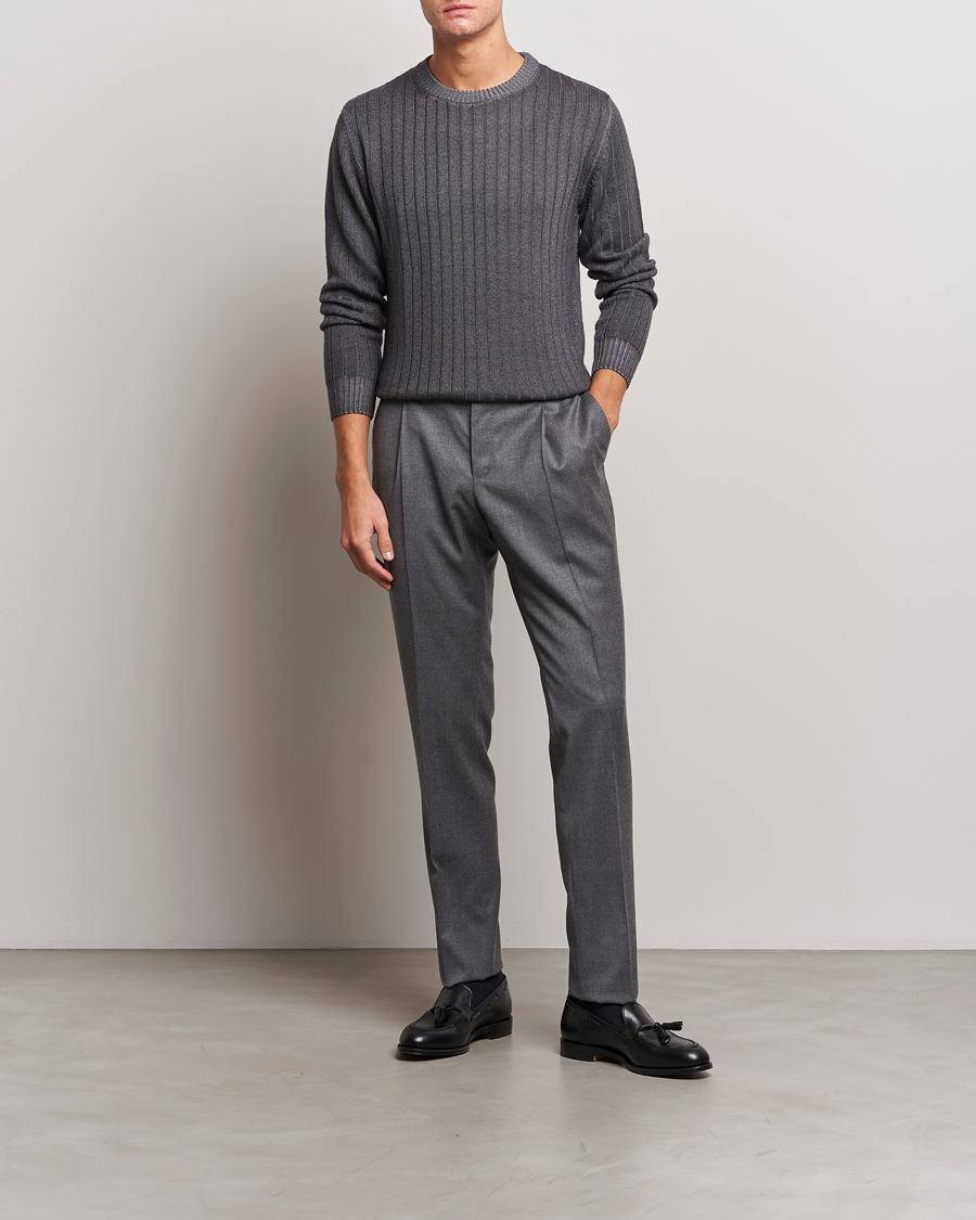 Men | Sweaters & Knitwear | Stenströms | Garment Dyed Ribbed Merino Wool Crewneck Grey