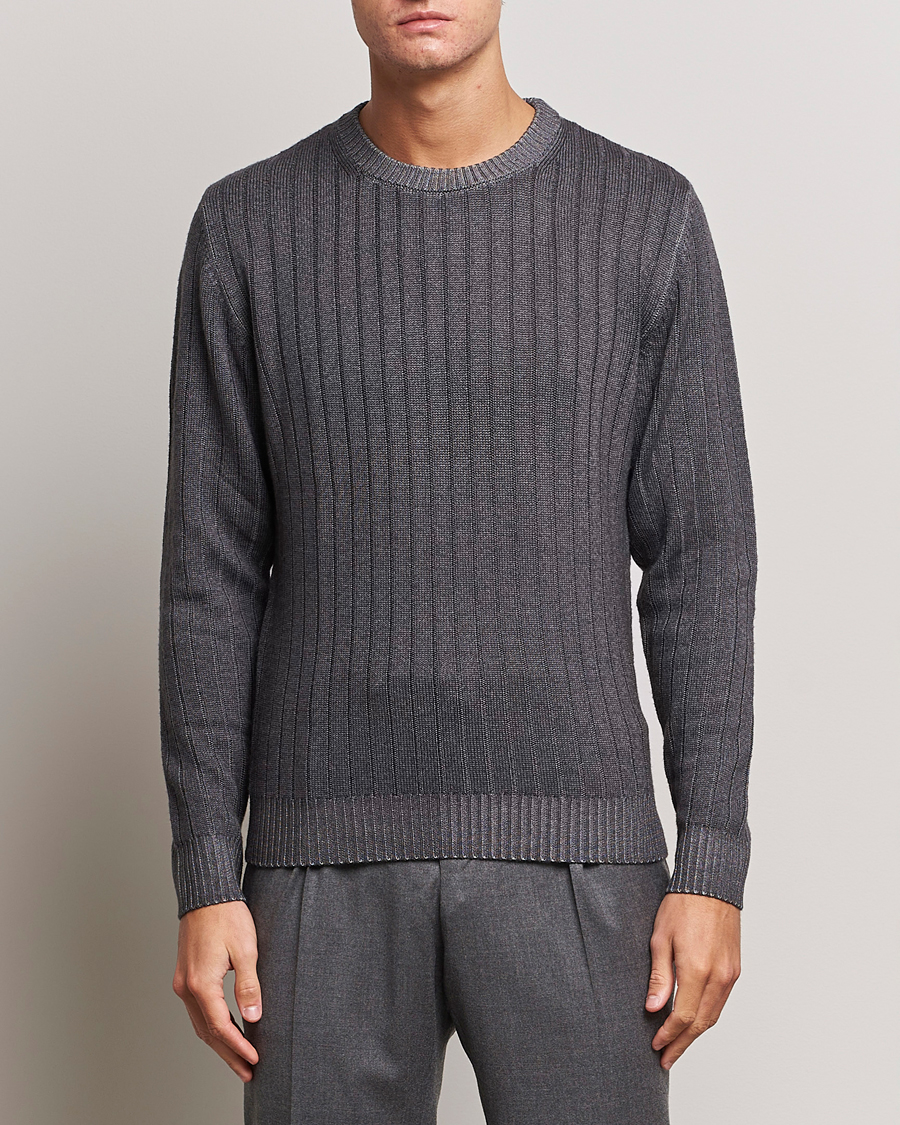 Men | Sweaters & Knitwear | Stenströms | Garment Dyed Ribbed Merino Wool Crewneck Grey