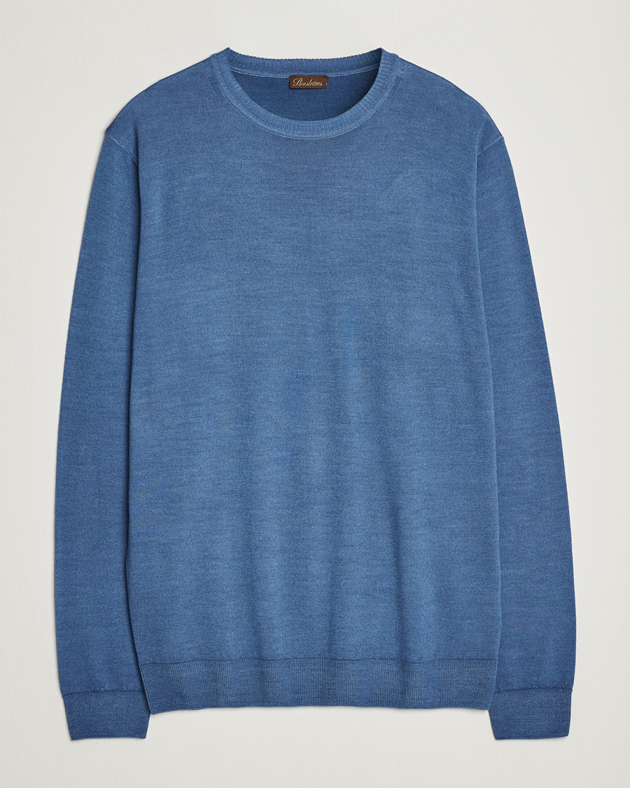 Men | Sweaters & Knitwear | Stenströms | Garment Dyed Merino Wool Crewneck Blue