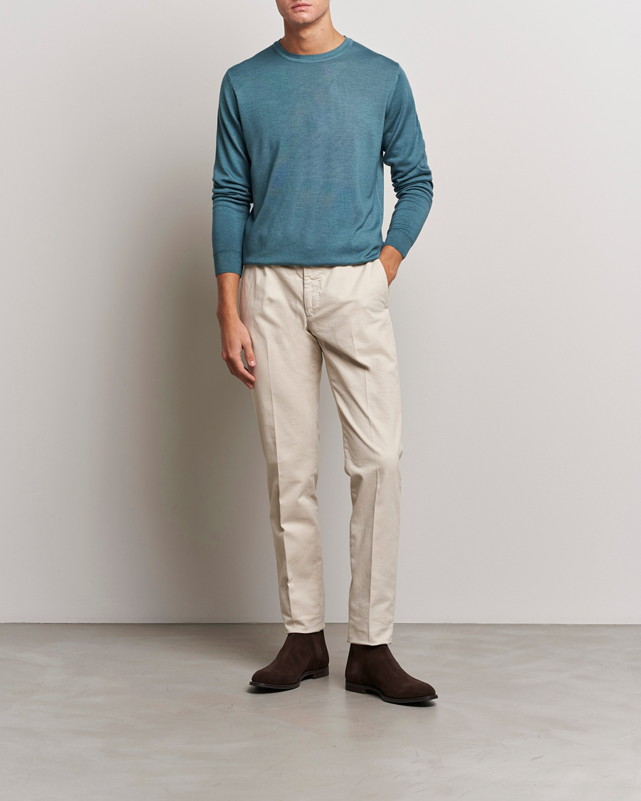 Men | Sweaters & Knitwear | Stenströms | Garment Dyed Merino Wool Crewneck Petrol