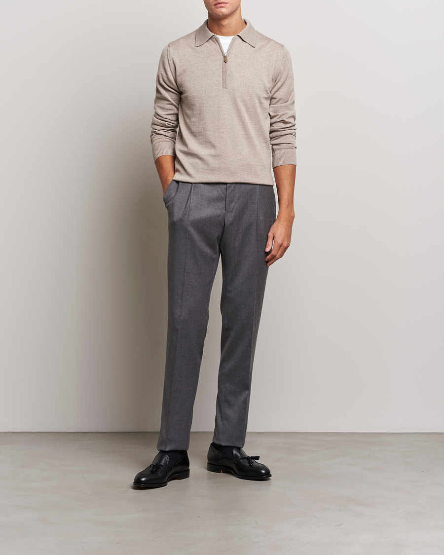 Men | Sweaters & Knitwear | Stenströms | Merino Wool Zip Polo Beige
