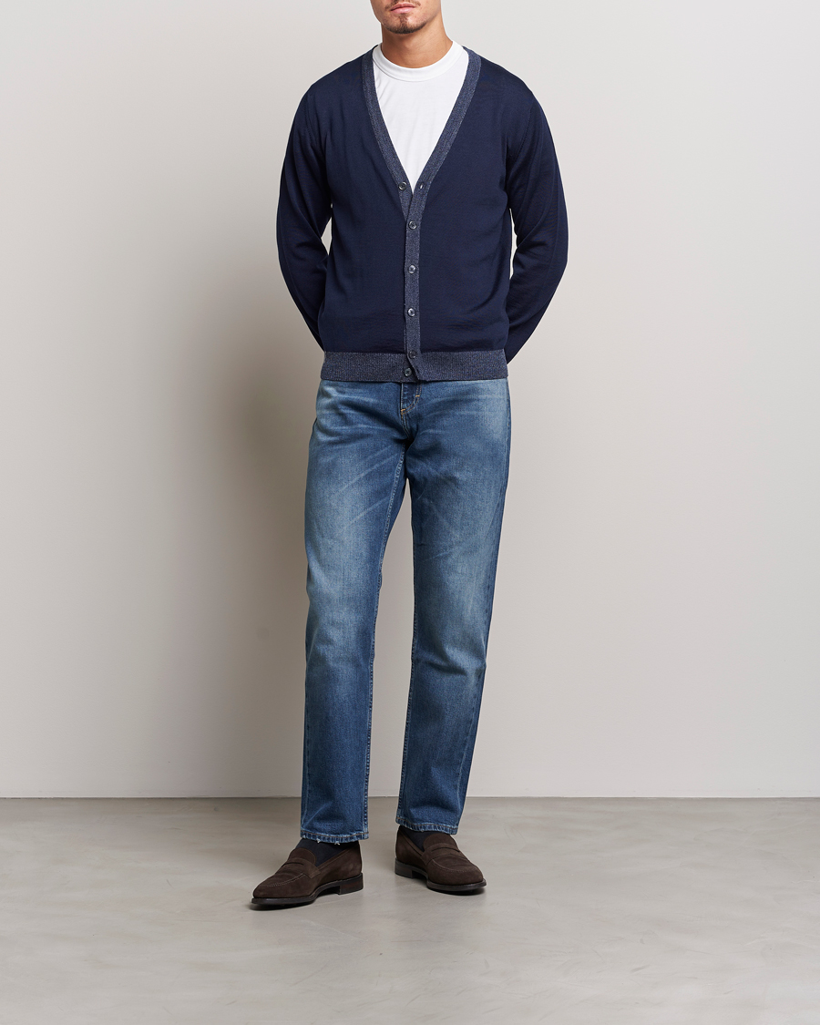 Men | Sweaters & Knitwear | Stenströms | Merino Wool Contrast Cardigan Navy