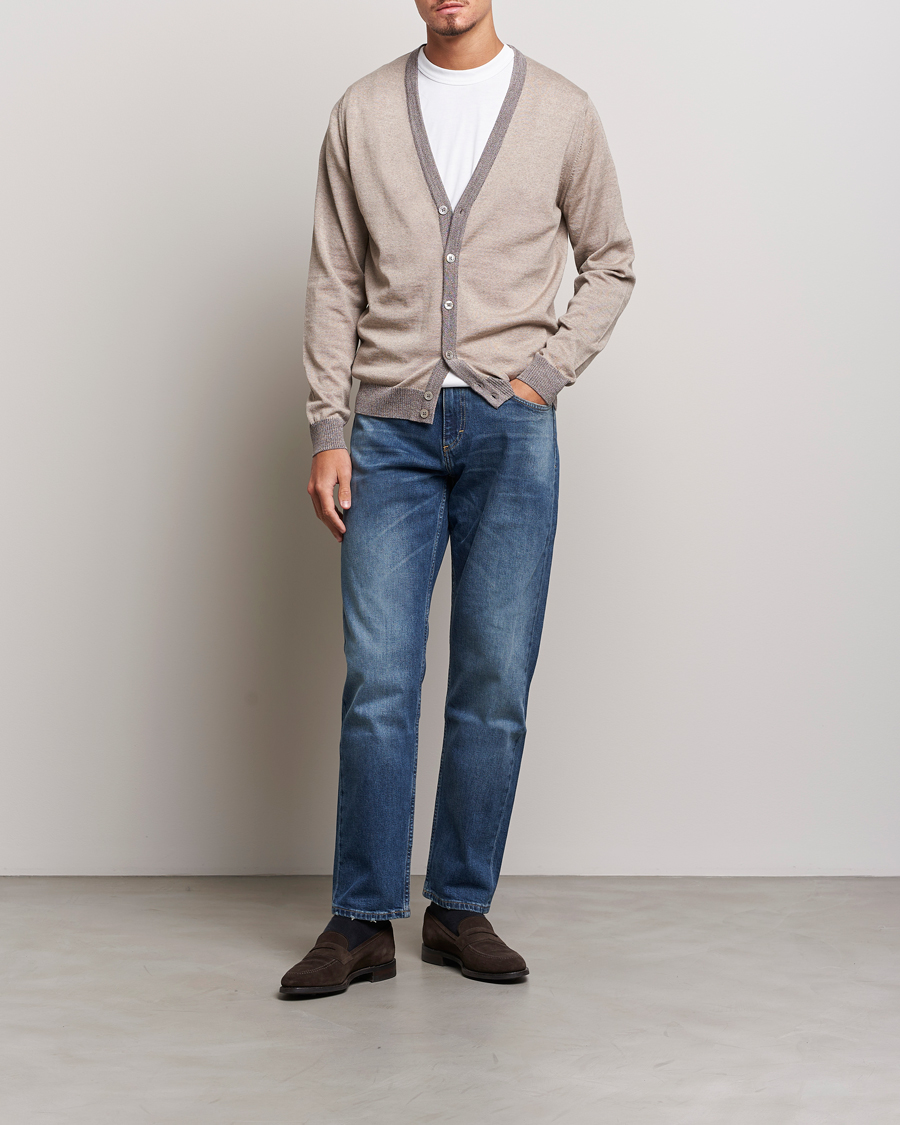 Men | Sweaters & Knitwear | Stenströms | Merino Wool Contrast Cardigan Beige